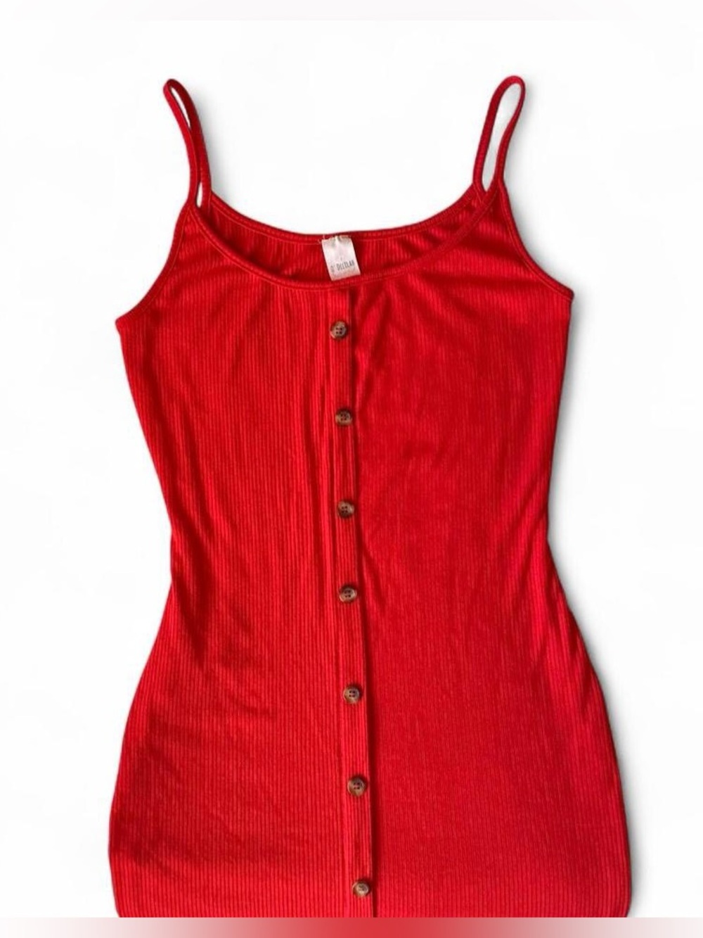 Red Ribbed Button Tank Dress - Womens